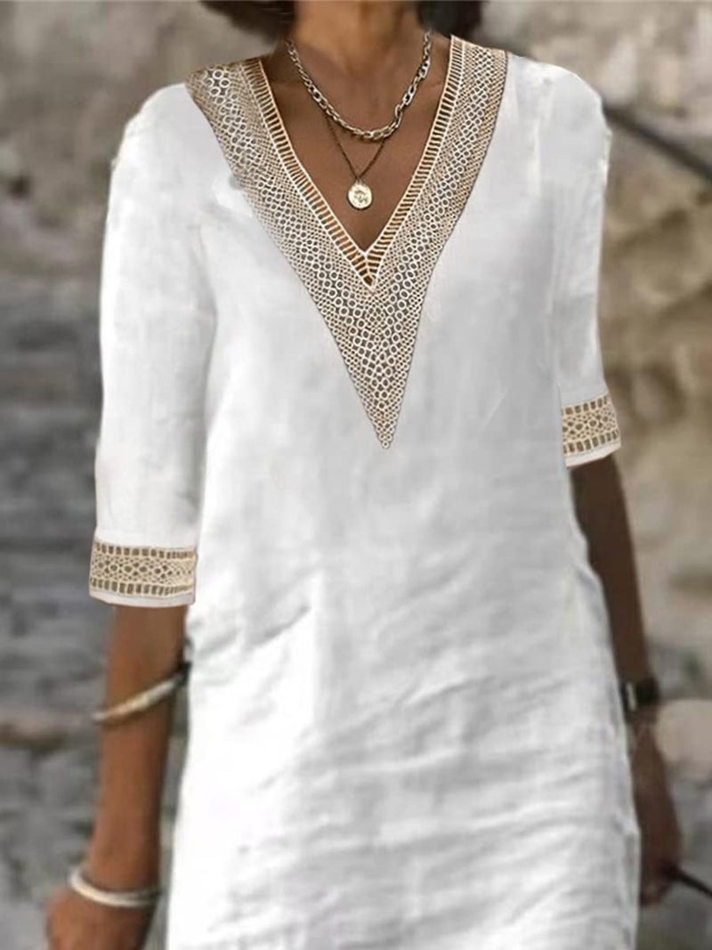 TS Women's Half Sleeve V-Neck Lace Ruffled Summer Dress Casual Ethnic Solid Basic Fashion Mid-Length Gifts White - Image 4