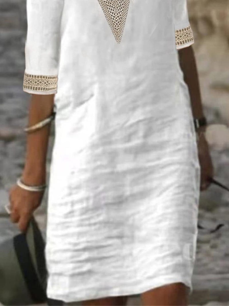 TS Women's Half Sleeve V-Neck Lace Ruffled Summer Dress Casual Ethnic Solid Basic Fashion Mid-Length Gifts White - Image 3
