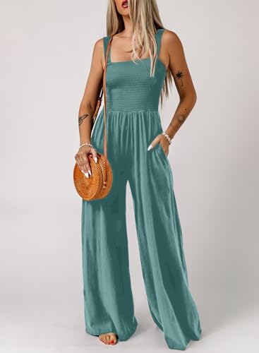 Dokotoo Loose Jumpsuits for Women Overalls Oversized Solid Color Wide Leg One Piece Sleeveless jumpsuit Long Pant Romper with Pockets 2025 Fashion Sky Blue Large - Image 2