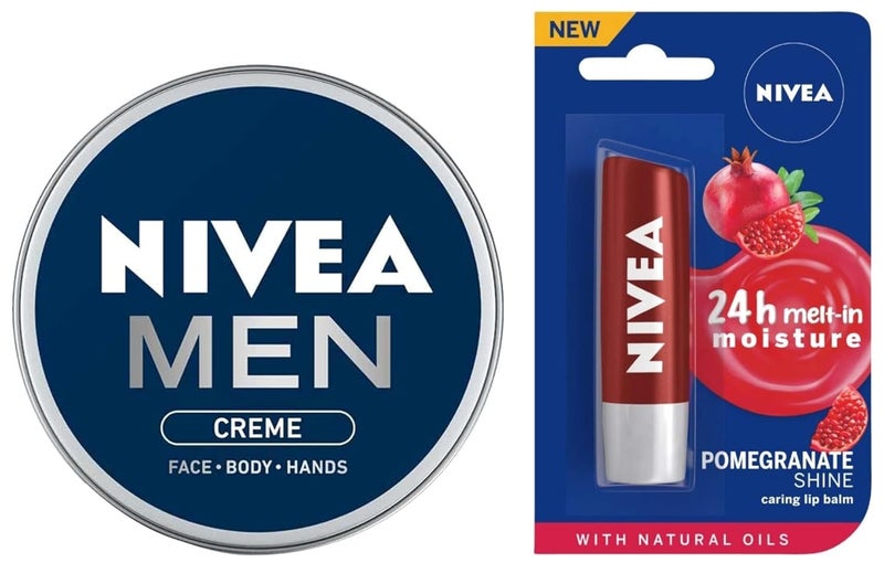 Nivea كريم نيفيا للرجال مرطب غير دهني للوجه والجسم واليدين 75 مل بلسم شفاه نيفيا برائحة الرمان اللامع 24 ساعة ترطيب مع زيوت طبيعية لون أحمر داكن 48 غ - Image 1