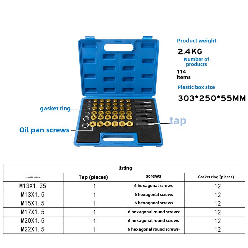 Car oil pan oil drain screw slide repair special tool oil pan thread repair oil bottom screw(114-piece set) - Image 1