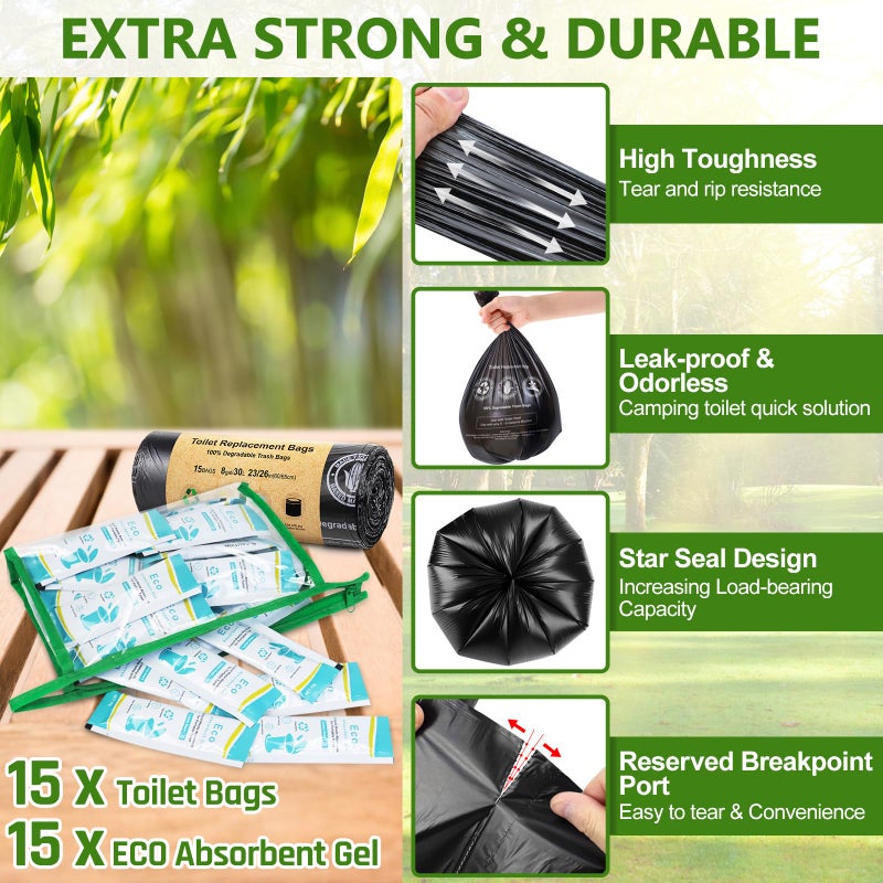 BLIKA 15 Count Camping Toilet Bags Eco Absorbent Gel Set, Portable Toilet Bags with Gel, 8 Gallon, 30 Liter, Heavy Duty 1 Mil, Toilet Replacement Bags with Toilet Powder for Camping Outdoor Hiking - Image 4