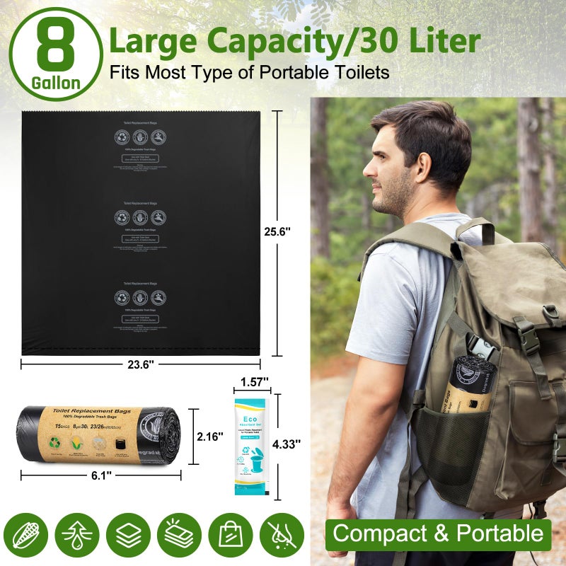 BLIKA 15 Count Camping Toilet Bags Eco Absorbent Gel Set, Portable Toilet Bags with Gel, 8 Gallon, 30 Liter, Heavy Duty 1 Mil, Toilet Replacement Bags with Toilet Powder for Camping Outdoor Hiking - Image 5
