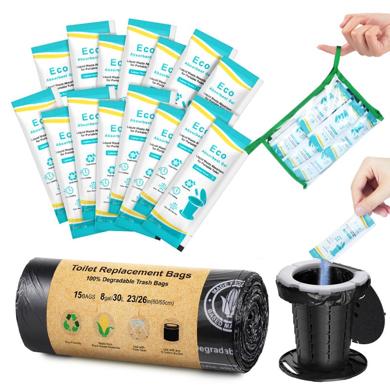 BLIKA 15 Count Camping Toilet Bags Eco Absorbent Gel Set, Portable Toilet Bags with Gel, 8 Gallon, 30 Liter, Heavy Duty 1 Mil, Toilet Replacement Bags with Toilet Powder for Camping Outdoor Hiking - Image 1