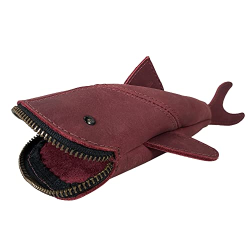 Hide & Drink, Full Grain Leather Zipper Coin Pouch, Change Bag, Pencil Purse, Scissors Case, Shark Shaped Cable Holder, Wallet, Makeup, Stuffed Animal, Handmade, Sangria - Image 1
