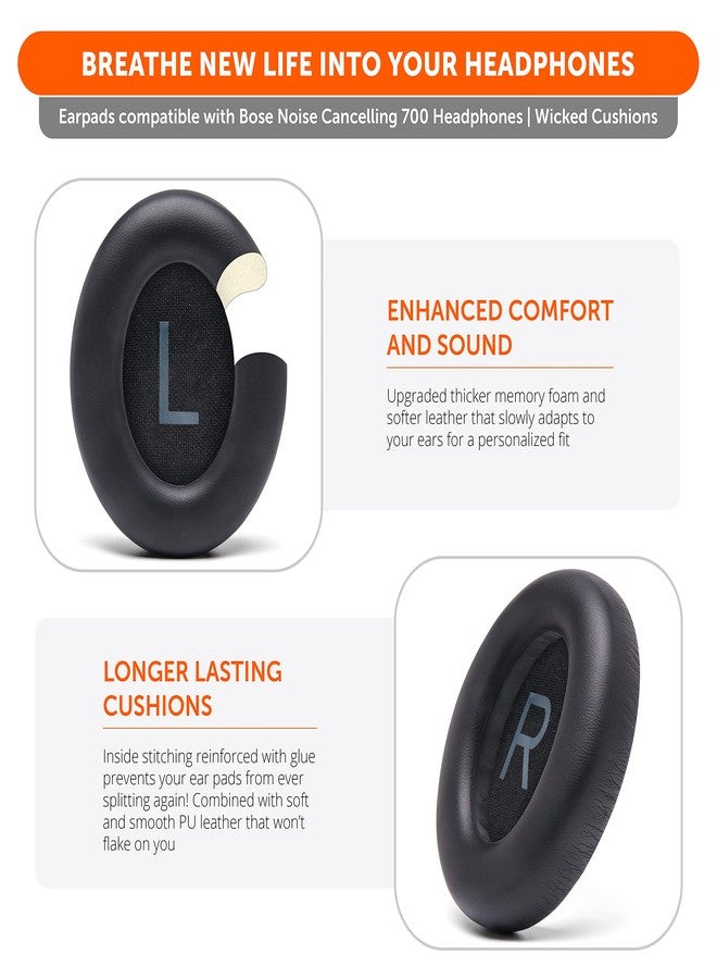 WC وسادات أذن بديلة مطورة من WC Wicked Cushions لسماعات Bose 700 المانعة للضوضاء (NC700) - جلد PU أكثر نعومة، رغوة ذاكرة فاخرة، سماكة إضافية، وسادات أذن متينة للغاية | (أسود) - Image 4