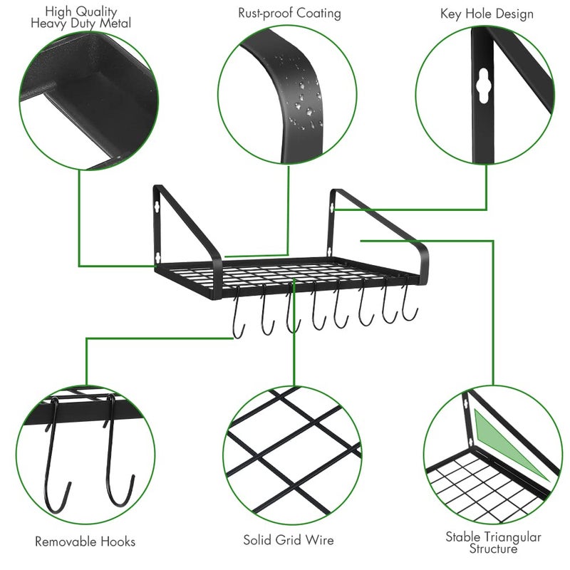 Felibeaco Hanging Pots & Pans Rack,Wall Mounted Pots Pans Organizer Holder Rack with 8 Hooks, Kitchen Wall Storage Organizer Hanger Shelves for Pans Set, Utensils, Cookware, Books, Household,Black - Image 4
