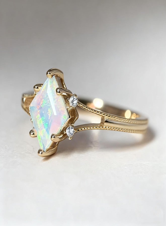 يس ليدي خاتم وعد من الأوبال الصناعي من YESLADY للنساء، مطلي بالذهب، تصميم أنيق على طراز آرت ديكو، حجر بخت شهر أكتوبر، مجوهرات مميزة للذكرى السنوية للزواج، مقاس 5 - Image 3