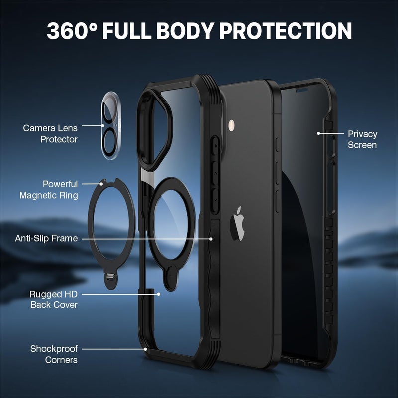 CENHUFO Compatible with iPhone 16 Case Built-in Privacy Screen Protector with Camera Lens Protector, Clear Back Cover with 360° Spin Magnetic Ring Kickstand for iPhone 16 Privacy Case -Black Cross product compatible - Image 3