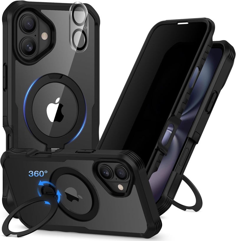 CENHUFO Compatible with iPhone 16 Case Built-in Privacy Screen Protector with Camera Lens Protector, Clear Back Cover with 360° Spin Magnetic Ring Kickstand for iPhone 16 Privacy Case -Black Cross product compatible - Image 1