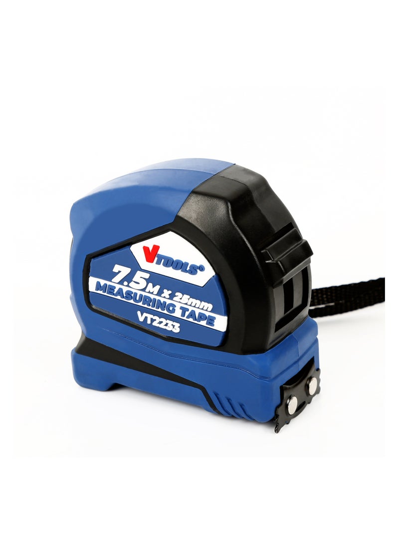 في تولز شريط قياس 7.5 متر، شريط قياس 25 مم ذاتي القفل مع سمك شفرة 0.12 مم، خطاف طرف مغناطيسي سهل القراءة وحقيبة ماصة للصدمات