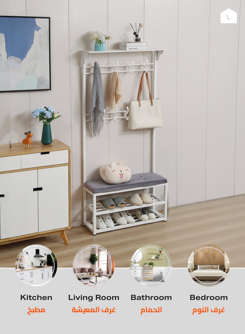 LAWAZIM 3 Layer Shoes Rack and Coat Hanger with Cushion - White/Grey - Shoe Rack with Coat Hanger and Top Shelf - For Shoes, Bags, and Coats - Steel Pipe Frame, 9 Hooks, Anti-Slip Feet, Space-Saving  - Image 1