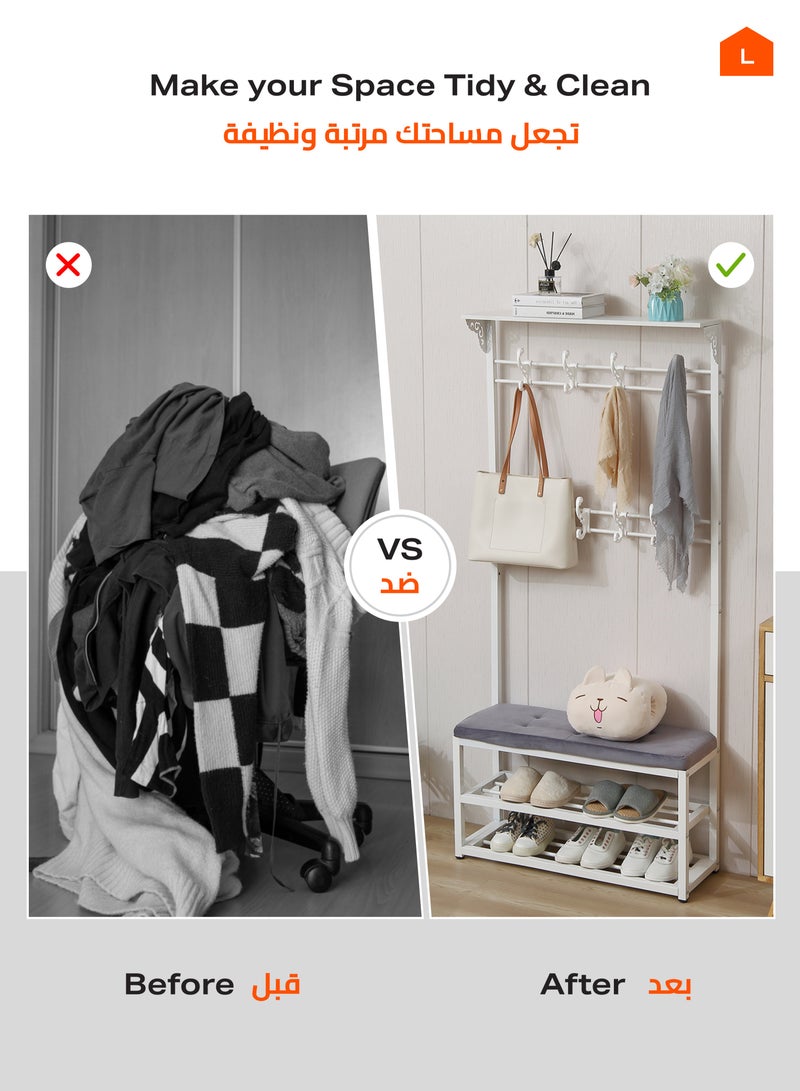 LAWAZIM 3 Layer Shoes Rack and Coat Hanger with Cushion - White/Grey - Shoe Rack with Coat Hanger and Top Shelf - For Shoes, Bags, and Coats - Steel Pipe Frame, 9 Hooks, Anti-Slip Feet, Space-Saving  - Image 4