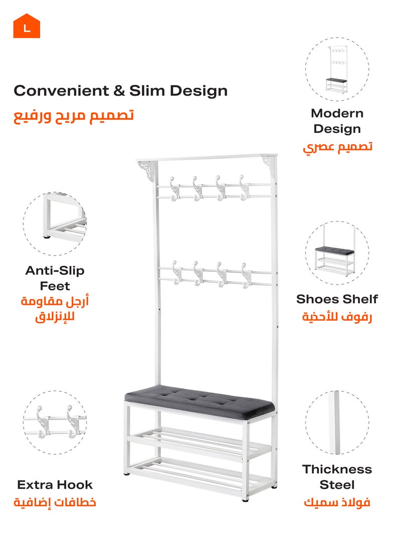 LAWAZIM 3 Layer Shoes Rack and Coat Hanger with Cushion - White/Grey - Shoe Rack with Coat Hanger and Top Shelf - For Shoes, Bags, and Coats - Steel Pipe Frame, 9 Hooks, Anti-Slip Feet, Space-Saving  - Image 5