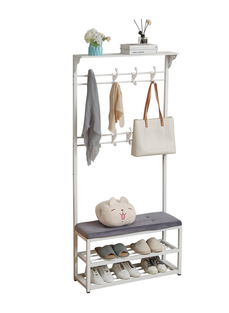 LAWAZIM 3 Layer Shoes Rack and Coat Hanger with Cushion - White/Grey - Shoe Rack with Coat Hanger and Top Shelf - For Shoes, Bags, and Coats - Steel Pipe Frame, 9 Hooks, Anti-Slip Feet, Space-Saving  - Image 2
