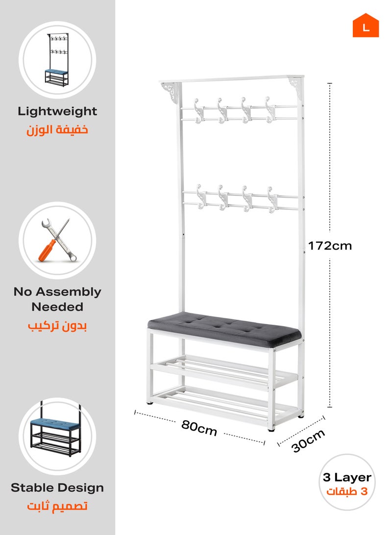 LAWAZIM 3 Layer Shoes Rack and Coat Hanger with Cushion - White/Grey - Shoe Rack with Coat Hanger and Top Shelf - For Shoes, Bags, and Coats - Steel Pipe Frame, 9 Hooks, Anti-Slip Feet, Space-Saving  - Image 3