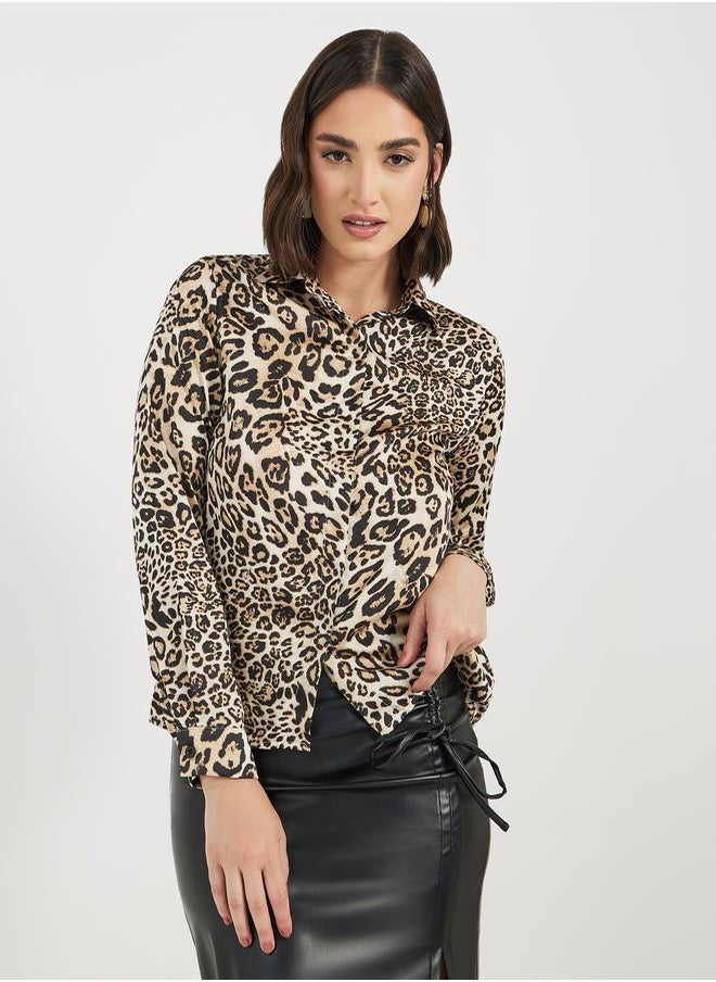 Styli - Animal Print Satin Shirt with Tie Detail - Image 1