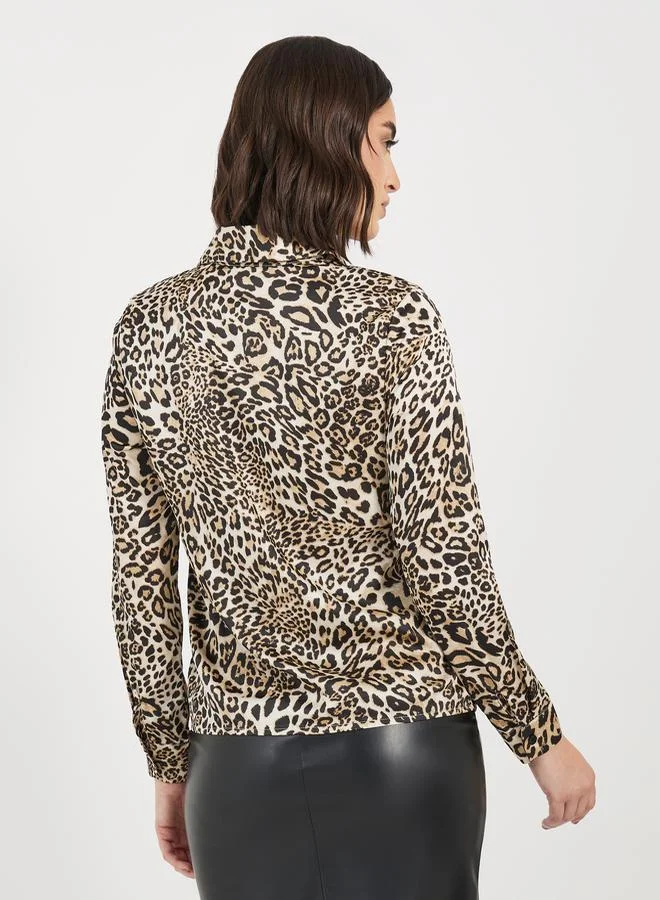 Styli Animal Print Satin Shirt with Tie Detail
