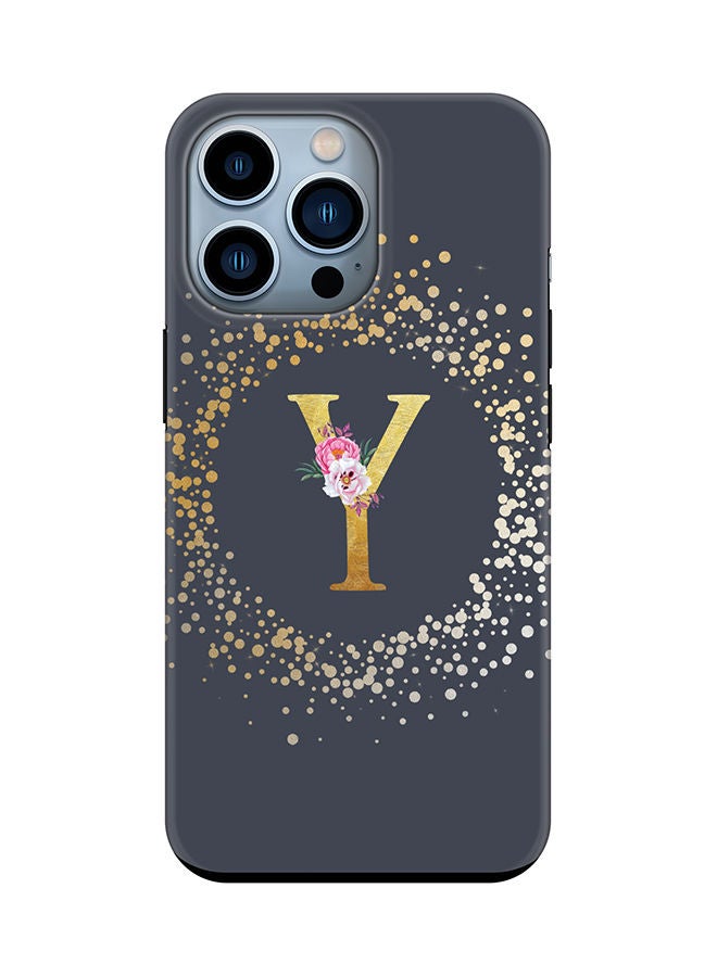 Stylizedd Monogram Tough Cover for Apple iPhone 13 Pro Case Custom Initials Letter Floral Pattern Tough Pro Dual Layer hybrid PC inner TPU protection Alphabet- Y (Grey) - Image 1