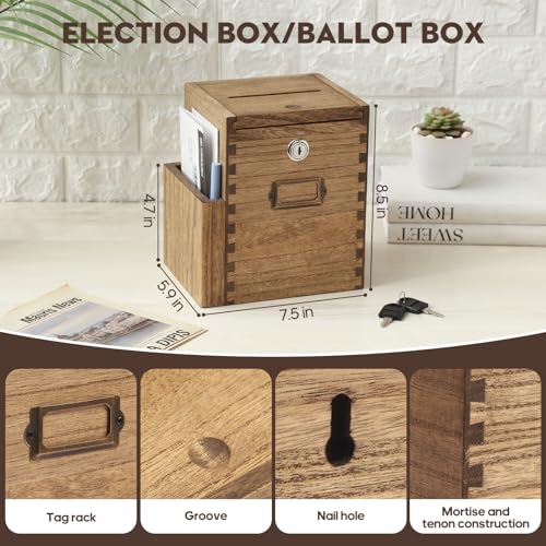 KIRIGEN Wood Suggestion Box with Lock & 2 Keys Wall Mounted Donation and Ballot with Side Pocket Comment Collection Box for School, Office, Hospital (DSYJX-DBR) - Image 2