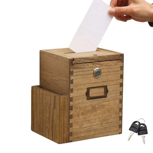 KIRIGEN Wood Suggestion Box with Lock & 2 Keys Wall Mounted Donation and Ballot with Side Pocket Comment Collection Box for School, Office, Hospital (DSYJX-DBR) - Image 1