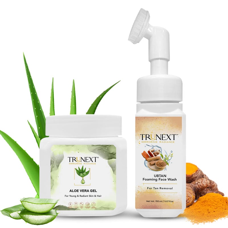 TRUNEXT Aloe Vera Gel Face Moisturizer For Oily Skin 200ml and Ubtan Foaming Facewash For Oily Skin Women Skin Care 150ml (Combo Pack of 2) - Image 1