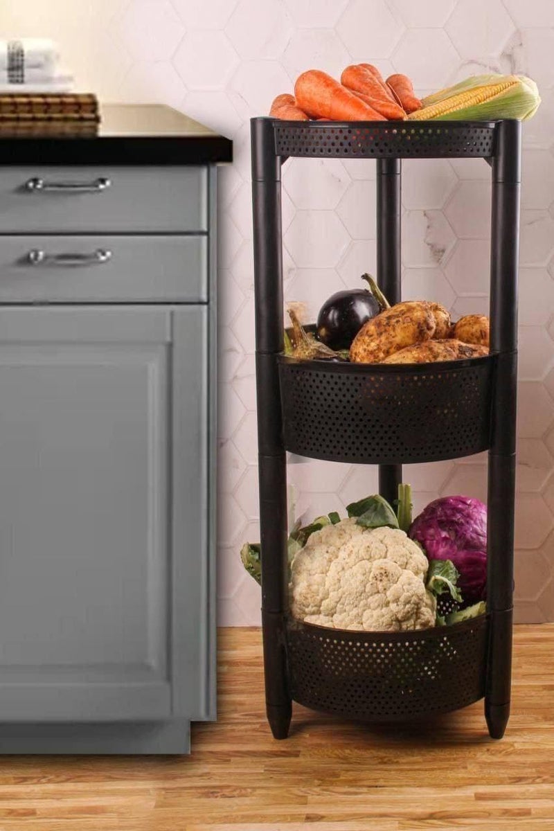 3-Tier Round Vertical Storage Rack Organizer, Black - Image 1