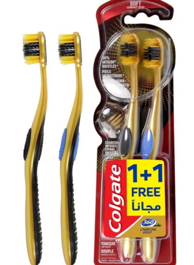 كولجيت فرشاة أسنان 360 بالفحم الذهبي ناعمة، قطعتان، متعددة الألوان - Image 1