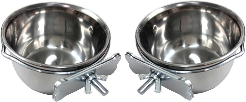 Mcage Two of 4-Inch No Rust Stainless Feeder Seed Water Food Replacement Cups with Adjustable Cage Holder for Bird Parrot Cage - Image 1