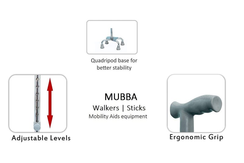 MUBBA 4 Leg Walking Stick Height Adjustable Iron Stick Light Weight Quadripod Stick Four Leg - Image 3