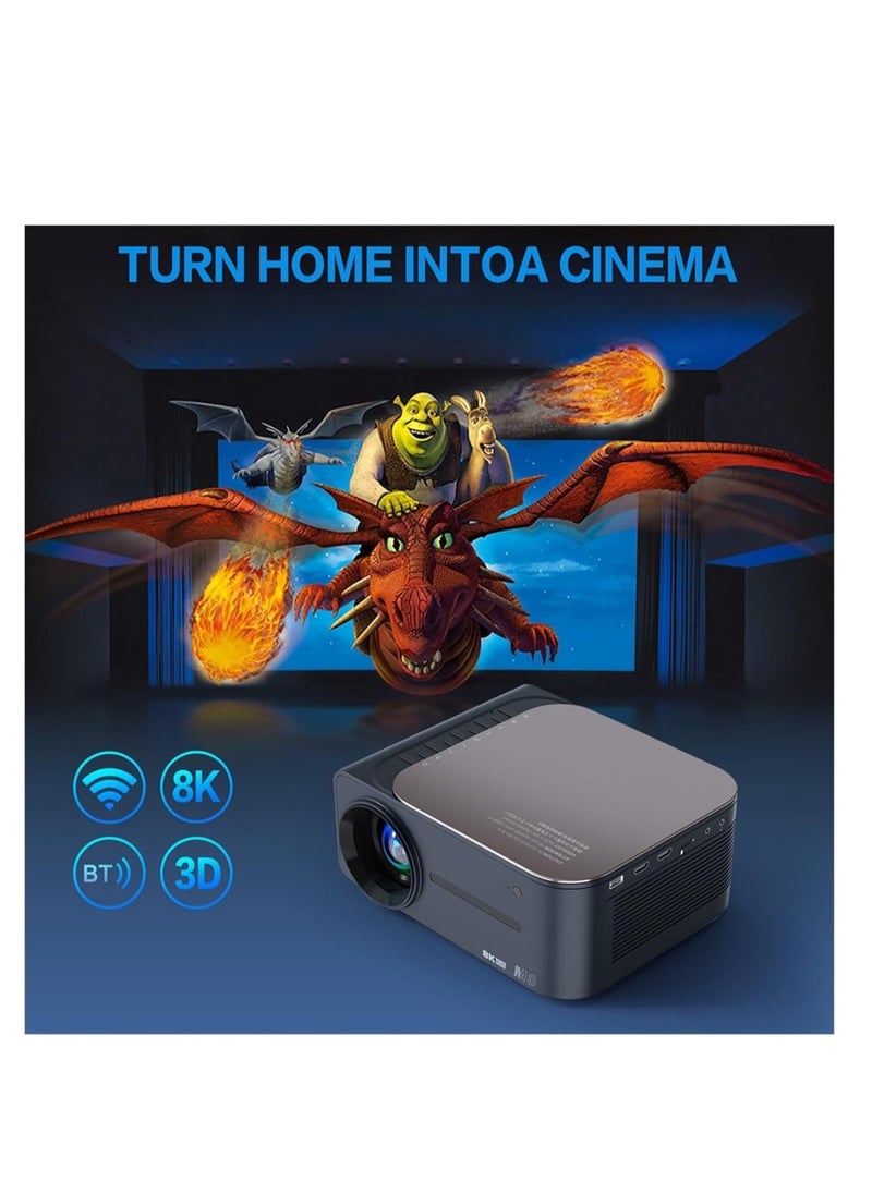 Premium home projector with 4K& 8K decoding capability HDR  and advanced connectivity via 5G WiFi Bluetooth featuring a convenient Voice Remote Control. Easily connect to HDMI USB Tablet Phone Lapto