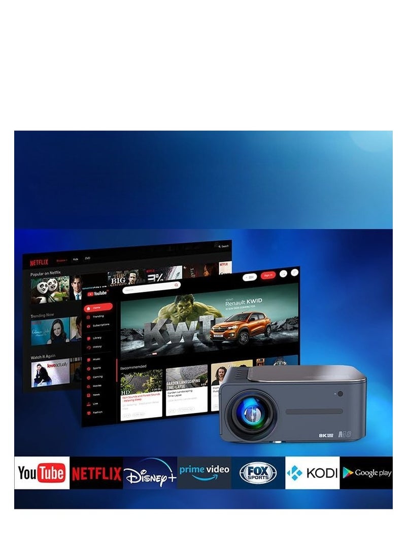 Premium home projector with 4K& 8K decoding capability HDR  and advanced connectivity via 5G WiFi Bluetooth featuring a convenient Voice Remote Control. Easily connect to HDMI USB Tablet Phone Lapto