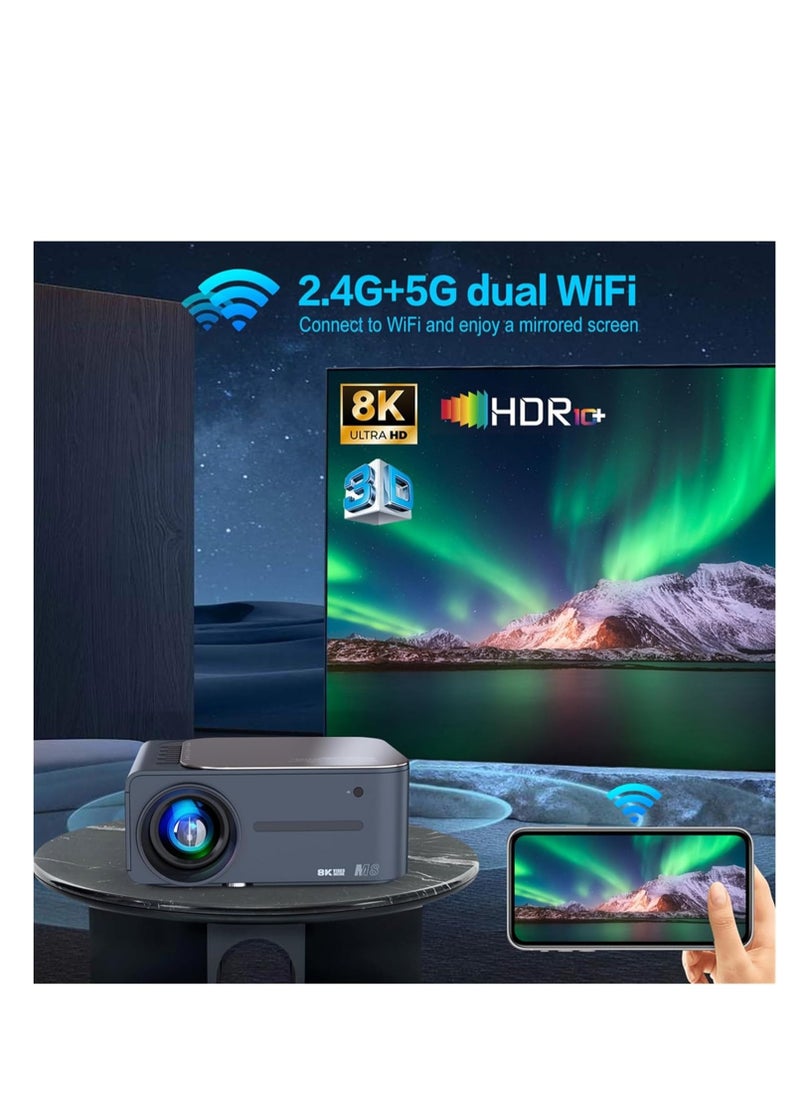 Premium home projector with 4K& 8K decoding capability HDR  and advanced connectivity via 5G WiFi Bluetooth featuring a convenient Voice Remote Control. Easily connect to HDMI USB Tablet Phone Lapto