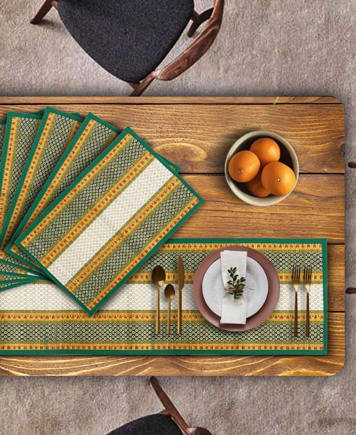 KalaTree Table Runner for 4 Seater Dining Table with mats Handmade Reversible Heat Resistant | River Grass Placemats Zero Plastic | Natural Madurkathi Eco Friendly | 4 Mats and Runner Nature Green - Image 1