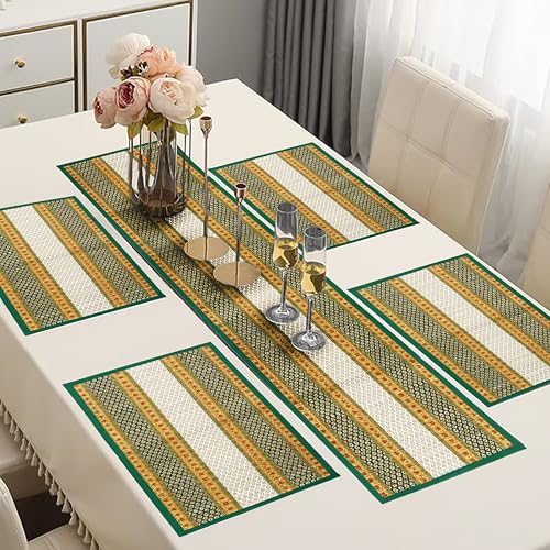 KalaTree Table Runner for 4 Seater Dining Table with mats Handmade Reversible Heat Resistant | River Grass Placemats Zero Plastic | Natural Madurkathi Eco Friendly | 4 Mats and Runner Nature Green - Image 2