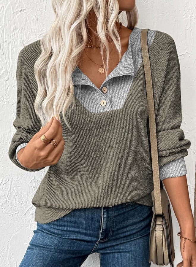 EVALESS Womens Fall Fashion 2025 Womens Long Sleeve Shirts Patchwork Button Up V Neck Sweatshirt Casual Pullover Tops, Simply Taupe, L - Image 4