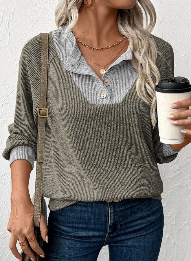 EVALESS Womens Fall Fashion 2025 Womens Long Sleeve Shirts Patchwork Button Up V Neck Sweatshirt Casual Pullover Tops, Simply Taupe, L - Image 5