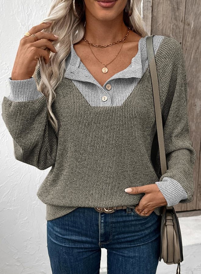 EVALESS Womens Fall Fashion 2025 Womens Long Sleeve Shirts Patchwork Button Up V Neck Sweatshirt Casual Pullover Tops, Simply Taupe, L - Image 3