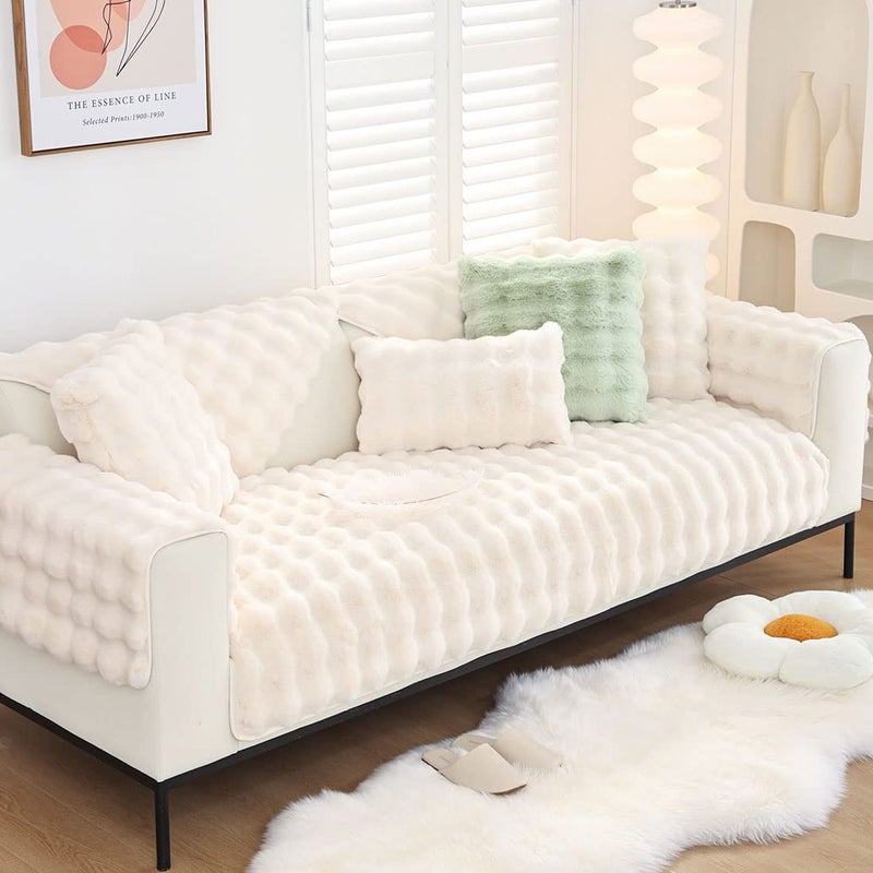 XSlive Soft Warm Faux Fur Couch Sofa Cover Thick Shaggy Fuzzy Sectional Couch Cover Non-Slip Solid Color Plush Sofa Slipcover Furniture Protector for Kids, Pets (Cream,28"x28") - Image 3
