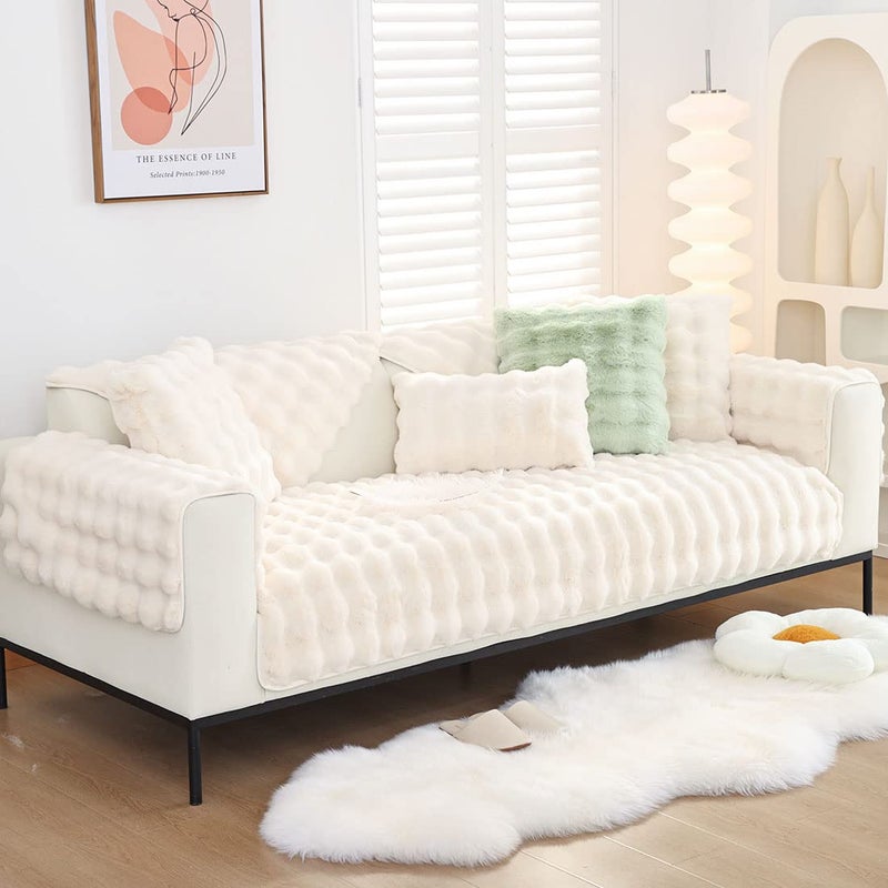 XSlive Soft Warm Faux Fur Couch Sofa Cover Thick Shaggy Fuzzy Sectional Couch Cover Non-Slip Solid Color Plush Sofa Slipcover Furniture Protector for Kids, Pets (Cream,28"x28") - Image 5