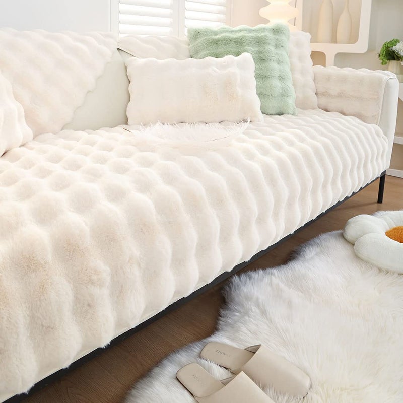 XSlive Soft Warm Faux Fur Couch Sofa Cover Thick Shaggy Fuzzy Sectional Couch Cover Non-Slip Solid Color Plush Sofa Slipcover Furniture Protector for Kids, Pets (Cream,28"x28") - Image 2