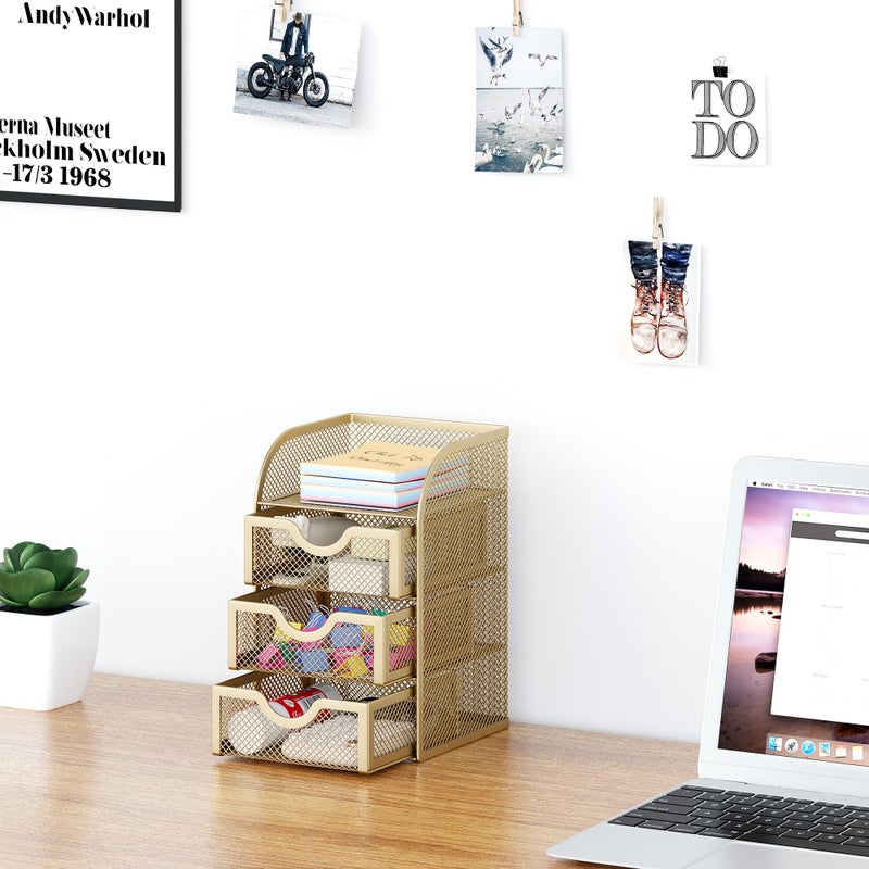EasyPAG Mesh Desk Organizer with 3 Drawer Office Desktop Organizers and Accessories Stationery Caddy for Office, Home, Students, Gold - Image 5