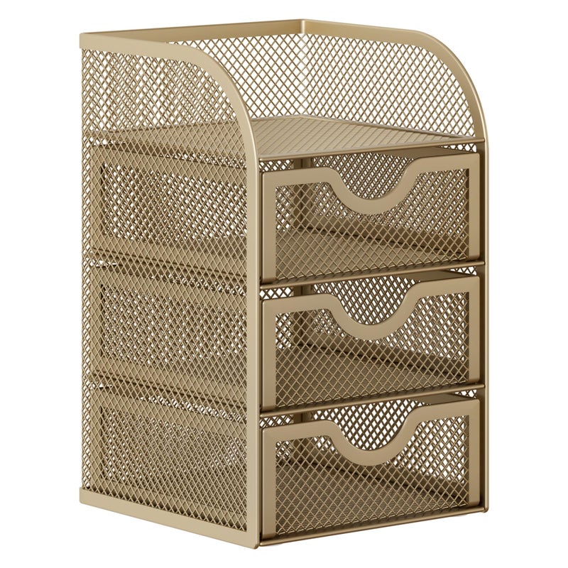 EasyPAG Mesh Desk Organizer with 3 Drawer Office Desktop Organizers and Accessories Stationery Caddy for Office, Home, Students, Gold - Image 2
