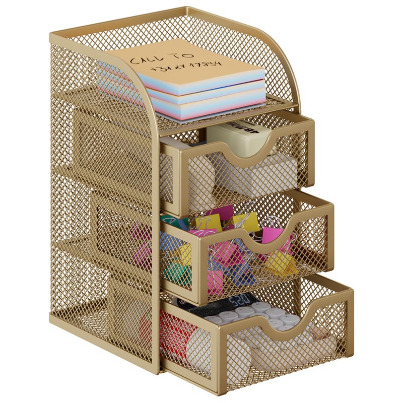 EasyPAG Mesh Desk Organizer with 3 Drawer Office Desktop Organizers and Accessories Stationery Caddy for Office, Home, Students, Gold - Image 1