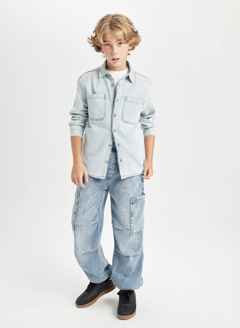 DeFacto Oversized Fit Wide Polo Neck Pocket Jean Long Sleeve Shirt
