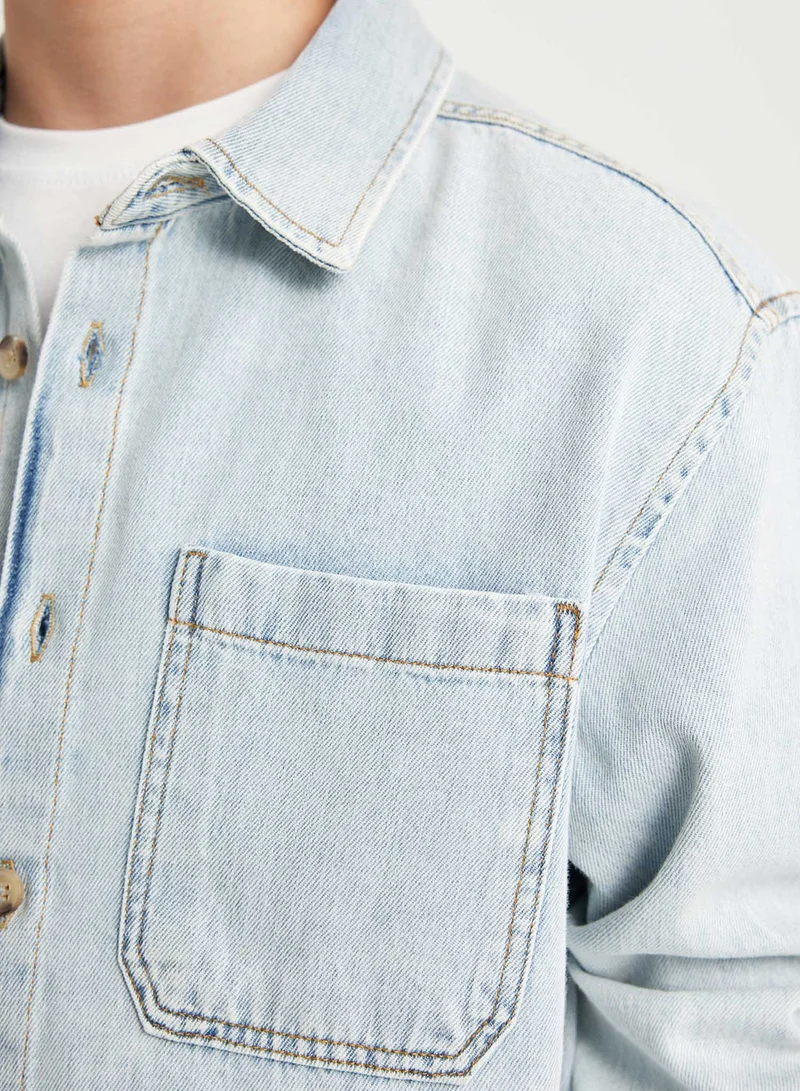 DeFacto Oversized Fit Wide Polo Neck Pocket Jean Long Sleeve Shirt