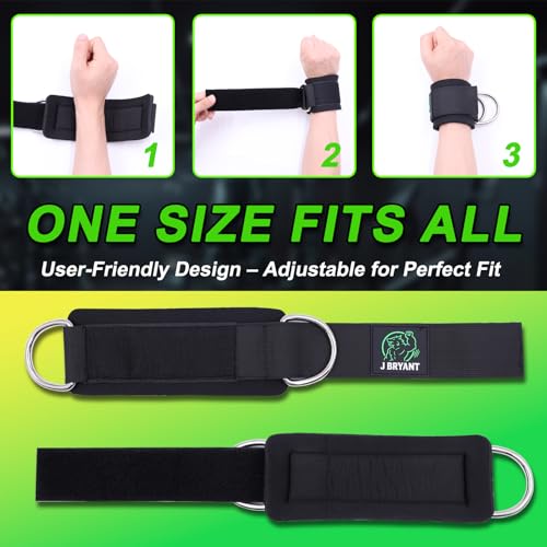 J Bryant Wrist Cuffs for Cable Machine Workouts – Padded Wrist Straps with Reinforced D-Rings for Strength Training, Pulley Systems, Triceps & Bicep Workouts – Adjustable Fit for Men & Women (Green) - Image 2