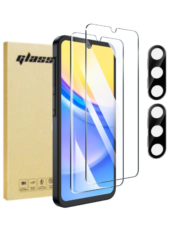 2 Pack Samsung Galaxy A15 5G / 4G Screen Protector + 2 Pack Camera Lens Protector, 9H Hardness, Upgraded HD Tempered Glass, Touch Sensitive, Bubble Free, Case Friendly (Boxed, 2+2 Pack)