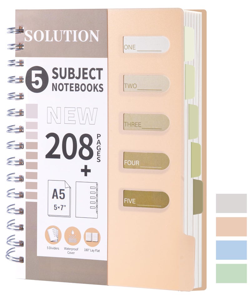 FLYING EAGLE Small 5 Subject Notebook College Ruled Spiral Notebook 5x7 with Dividers Tabs Waterproof Plastic Cover Thick Paper Notebooks for Work School, Orange - Image 1