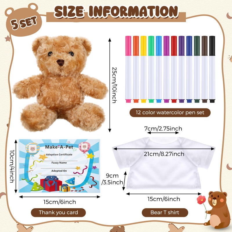 Blueweenly 20 Pcs Make Your Own Stuffed Animal Kit Including 9.84 Inches Velvet Animal White T Shirt 12 Colors Pens And Thank You Card Diy Stuffed Plush Gift For Crafts(Khaki Bear) - Image 2
